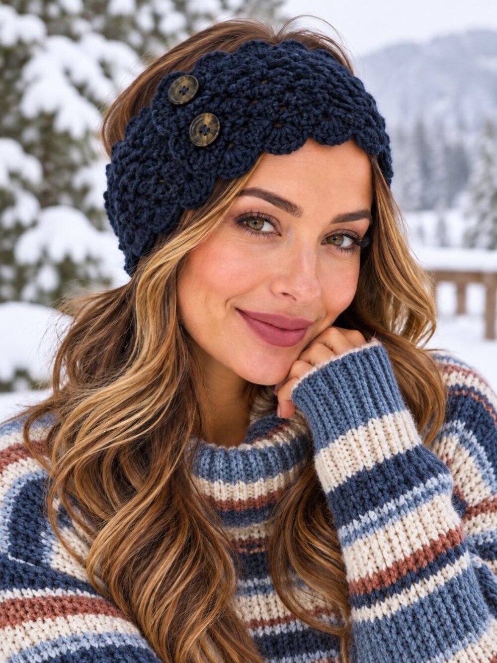 Hand Crafted Navy Blue Chunky Crochet Double Button Headband Ear Warmer Womens